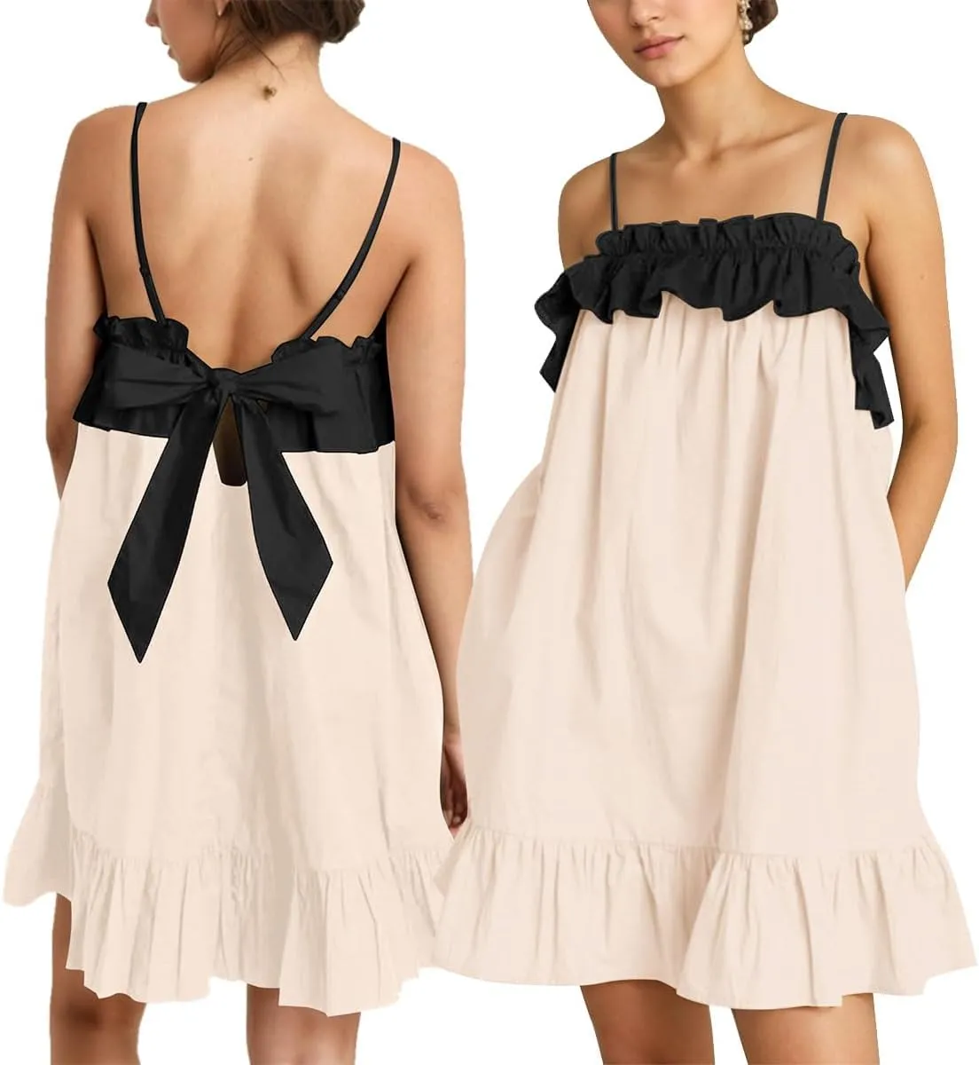 Flowy Sleeveless Mini Dress for Women Square Neck Bow Tie Back Babydoll Dress Color Block A-line Ruffle Tank Dresses