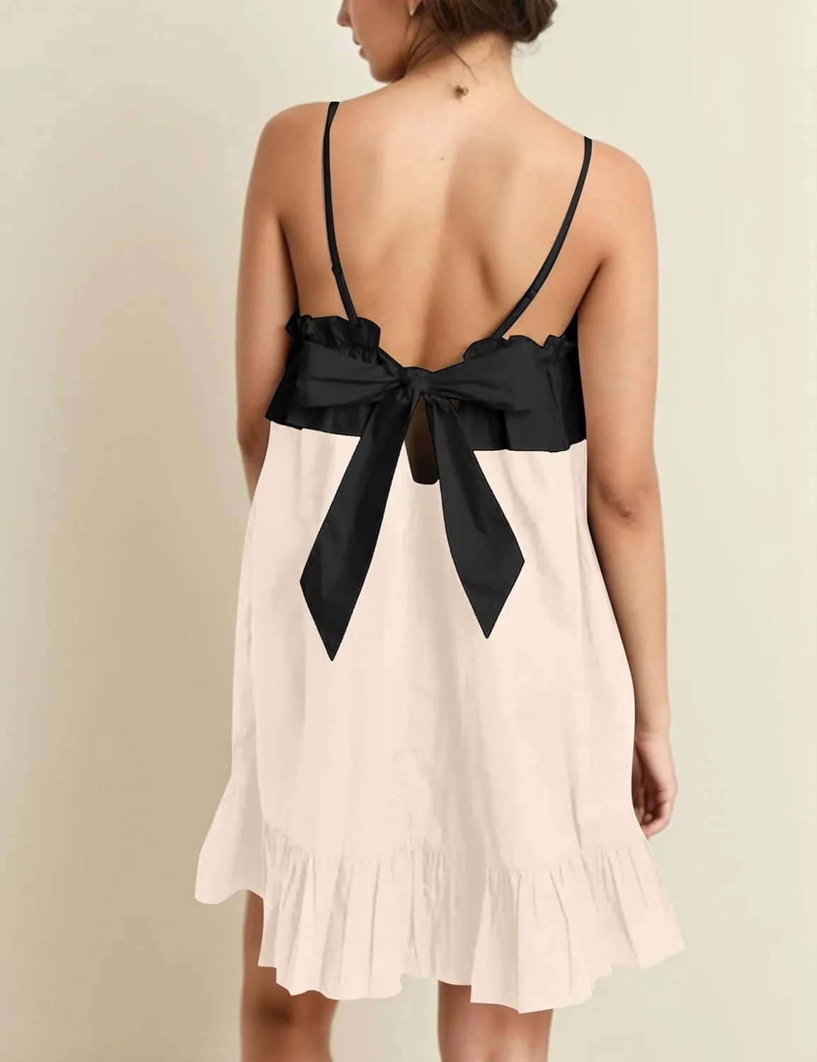 Flowy Sleeveless Mini Dress for Women Square Neck Bow Tie Back Babydoll Dress Color Block A-line Ruffle Tank Dresses