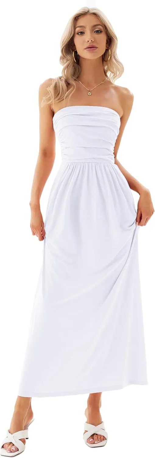 GRACE KARIN Women Strapless Casual Loose Ruched Long Maxi Dress with Pockets