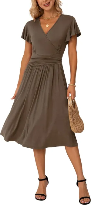 GRECERELLE Spring Summer Dress for Women Casual Ruffle Short Sleeve Wrap V-Neck Dress