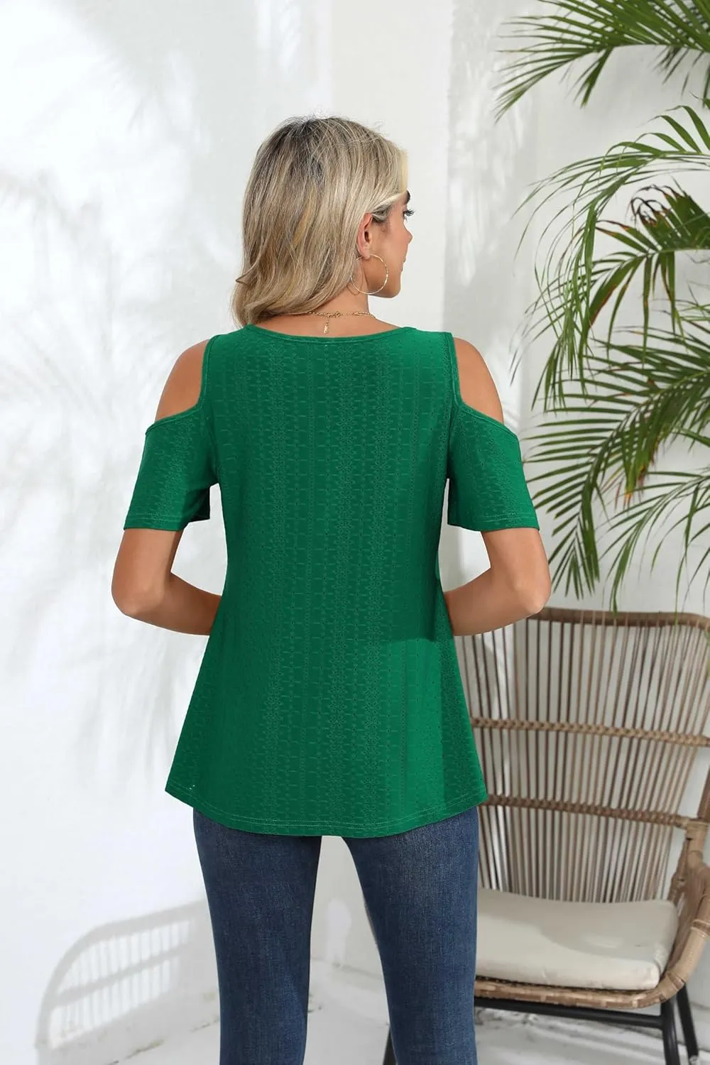 Jouica Women's Summer Cold Shoulder Short Sleeve Tunic Tops Loose Casual Shirts Blouses