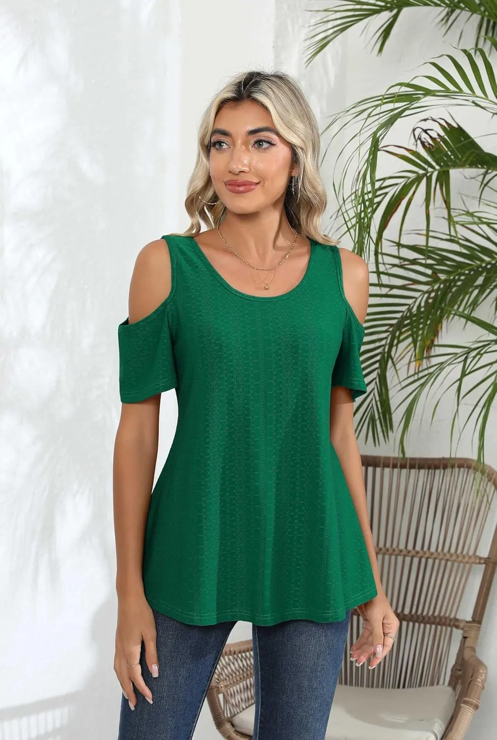 Jouica Women's Summer Cold Shoulder Short Sleeve Tunic Tops Loose Casual Shirts Blouses