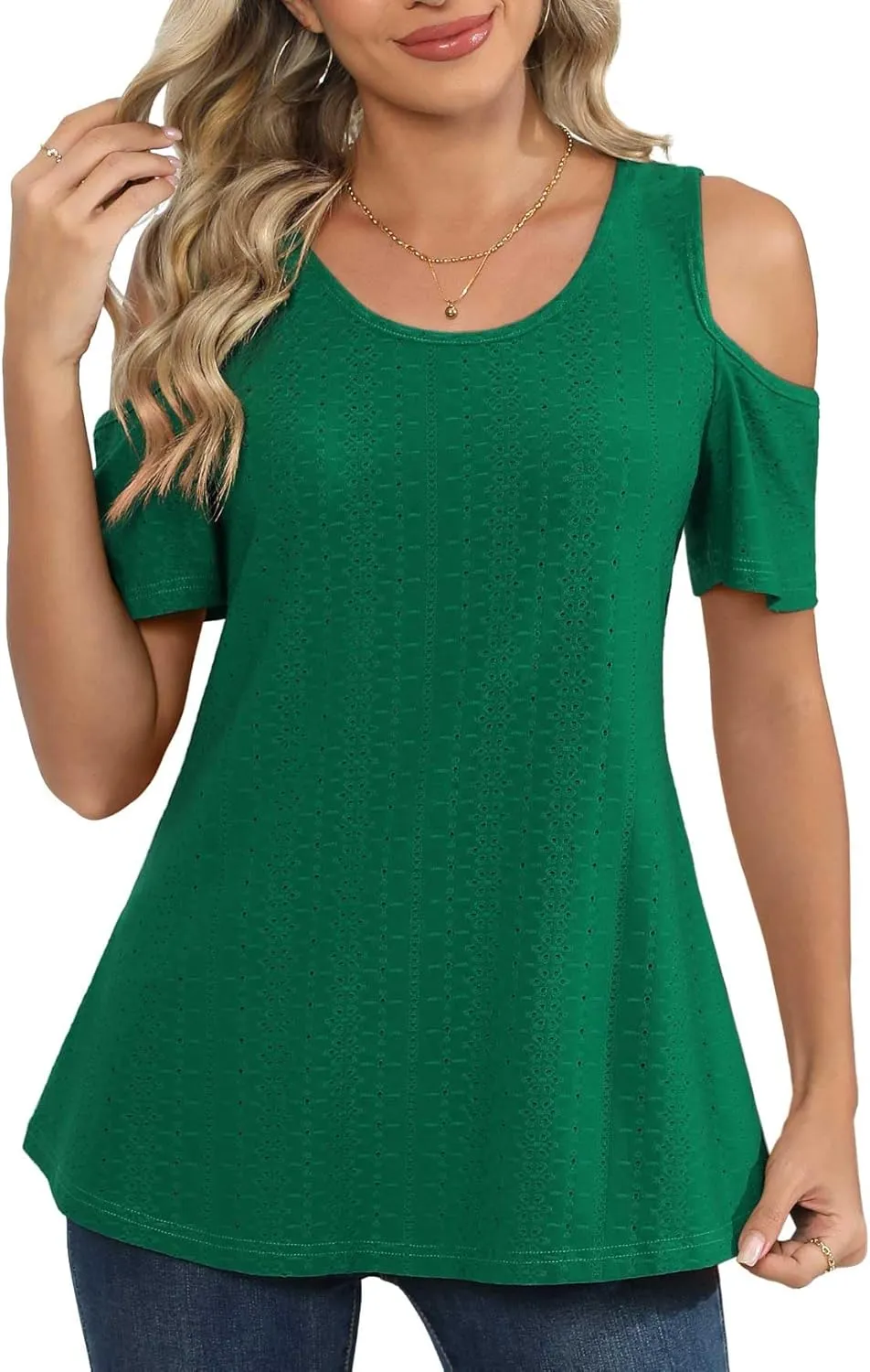 Jouica Women's Summer Cold Shoulder Short Sleeve Tunic Tops Loose Casual Shirts Blouses