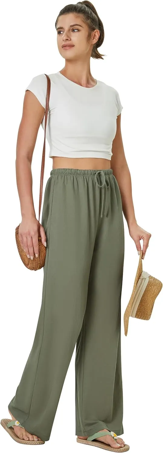 keriffe Women's Flowy Wide Leg Pants Casual Beach Pants High Waisted Drawstring Palazzo Trousers with Pockets