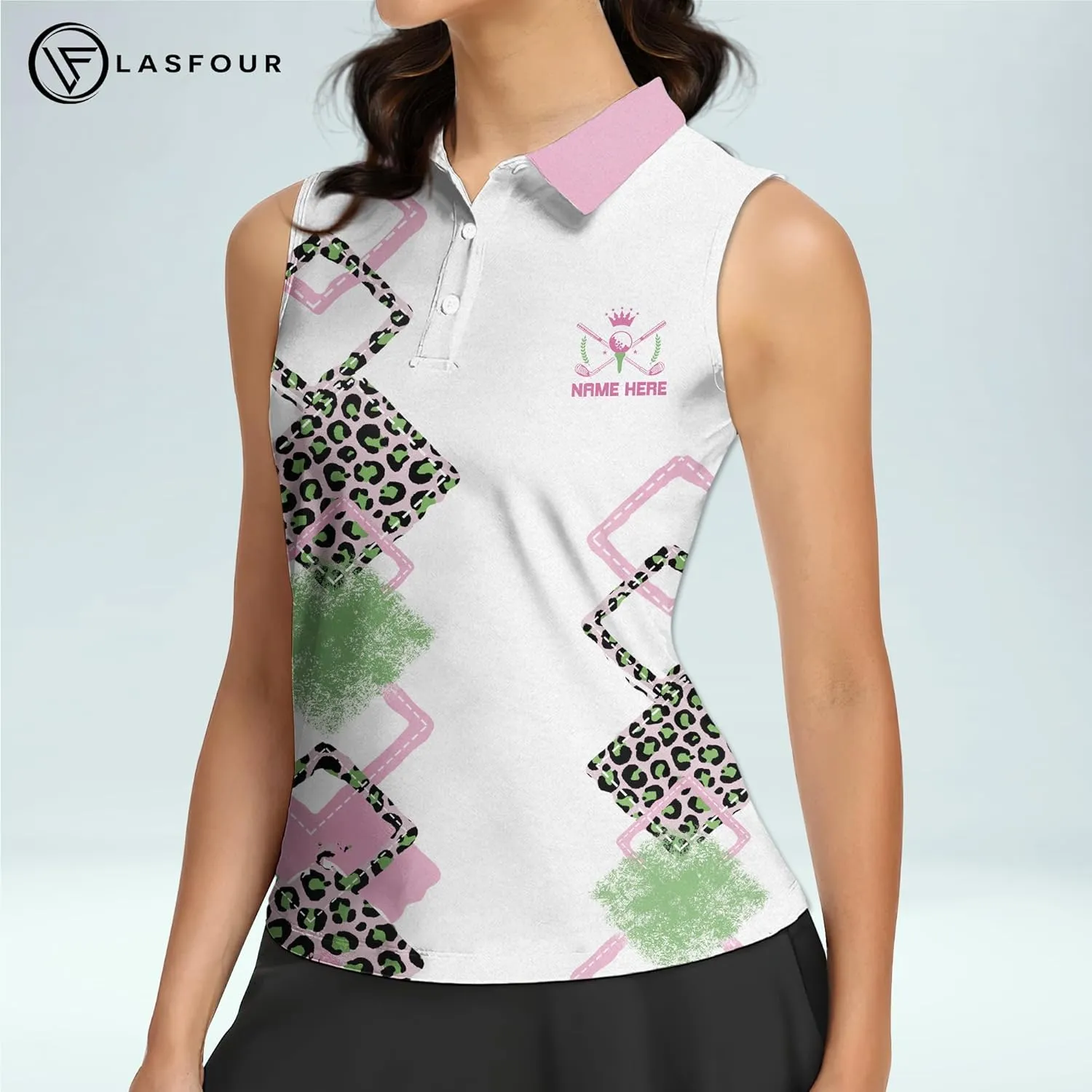LASFOUR Personalized Funny Golf Shirts for Women Sleeveless. Funny Ladies Golf Shirts, Flamingo Golf Shirt Women