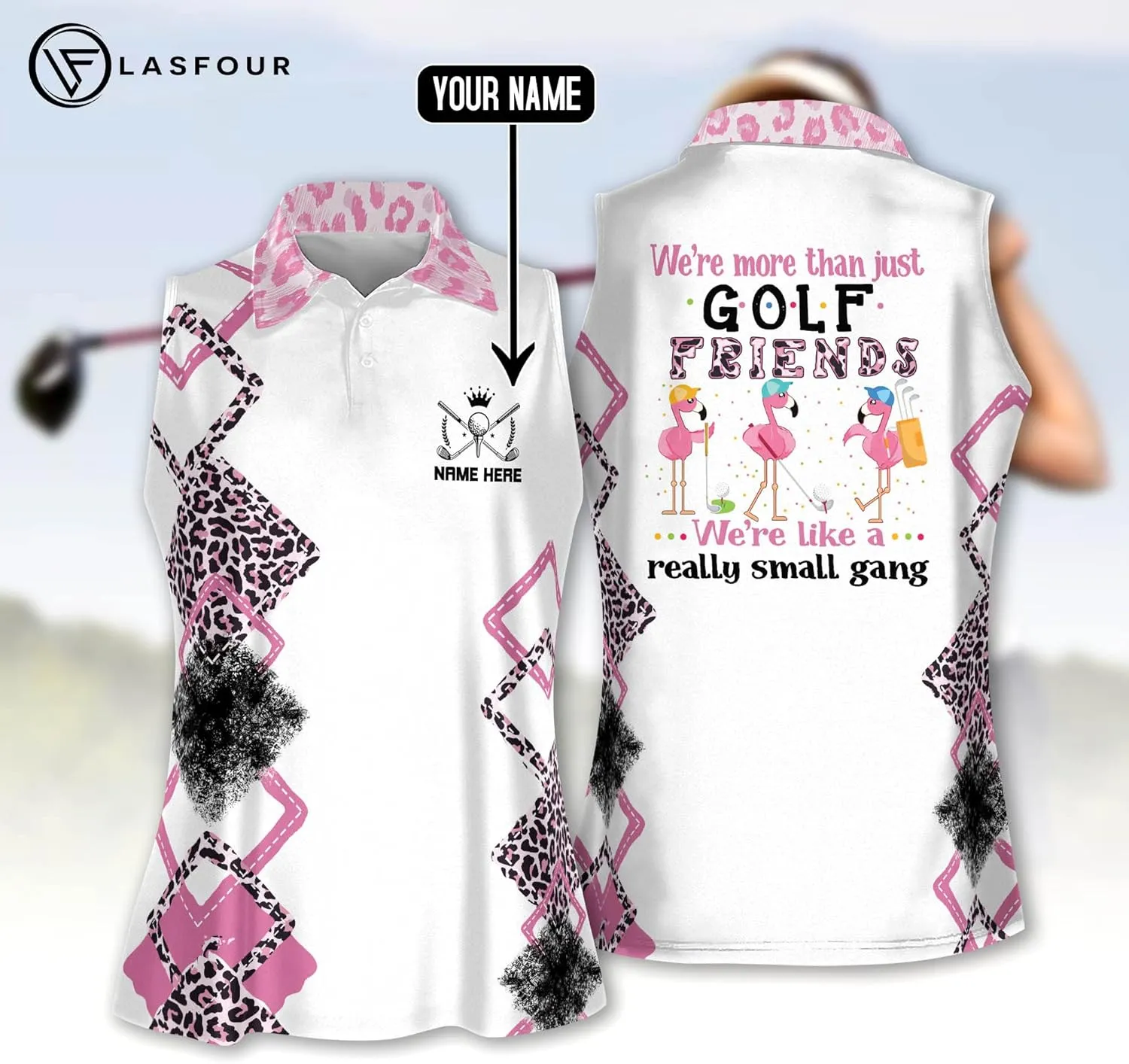 LASFOUR Personalized Funny Golf Shirts for Women Sleeveless. Funny Ladies Golf Shirts, Flamingo Golf Shirt Women