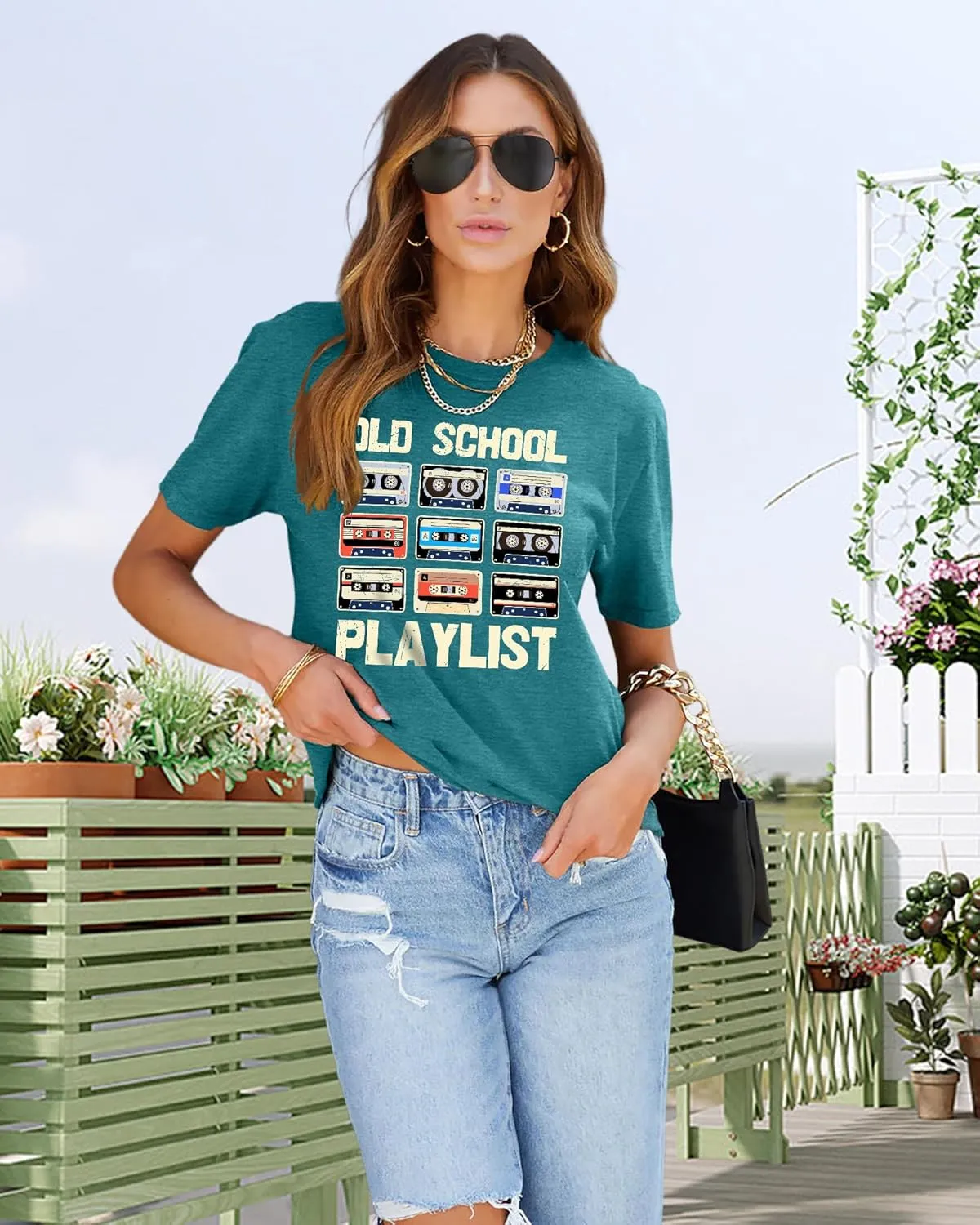 LAZYCHILD 80s Shirt for Women 90s Shirts: Old School Playlist T-Shirt Cassette Tape Graphic 80s Music Concert Tee Tops