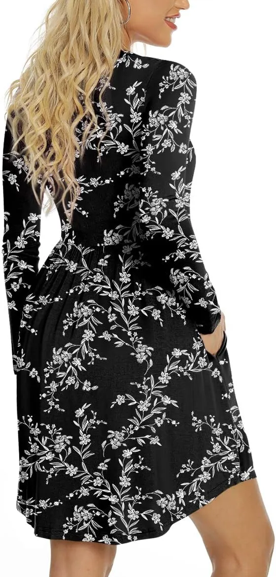 LONGYUAN Womens Long Sleeve Dresses Casual Loose Fit Swing Dress Hide Belly with Pockets