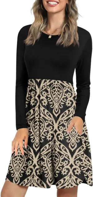 LONGYUAN Womens Long Sleeve Dresses Casual Loose Fit Swing Dress Hide Belly with Pockets
