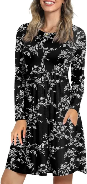 LONGYUAN Womens Long Sleeve Dresses Casual Loose Fit Swing Dress Hide Belly with Pockets