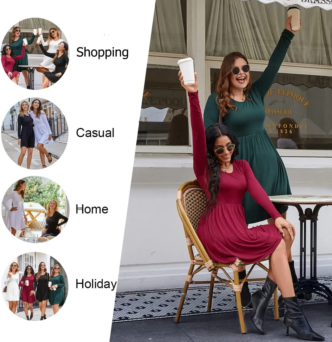 LONGYUAN Womens Long Sleeve Dresses Casual Loose Fit Swing Dress Hide Belly with Pockets