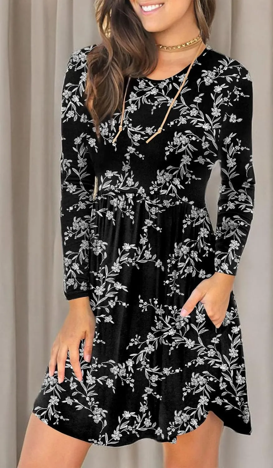 LONGYUAN Womens Long Sleeve Dresses Casual Loose Fit Swing Dress Hide Belly with Pockets