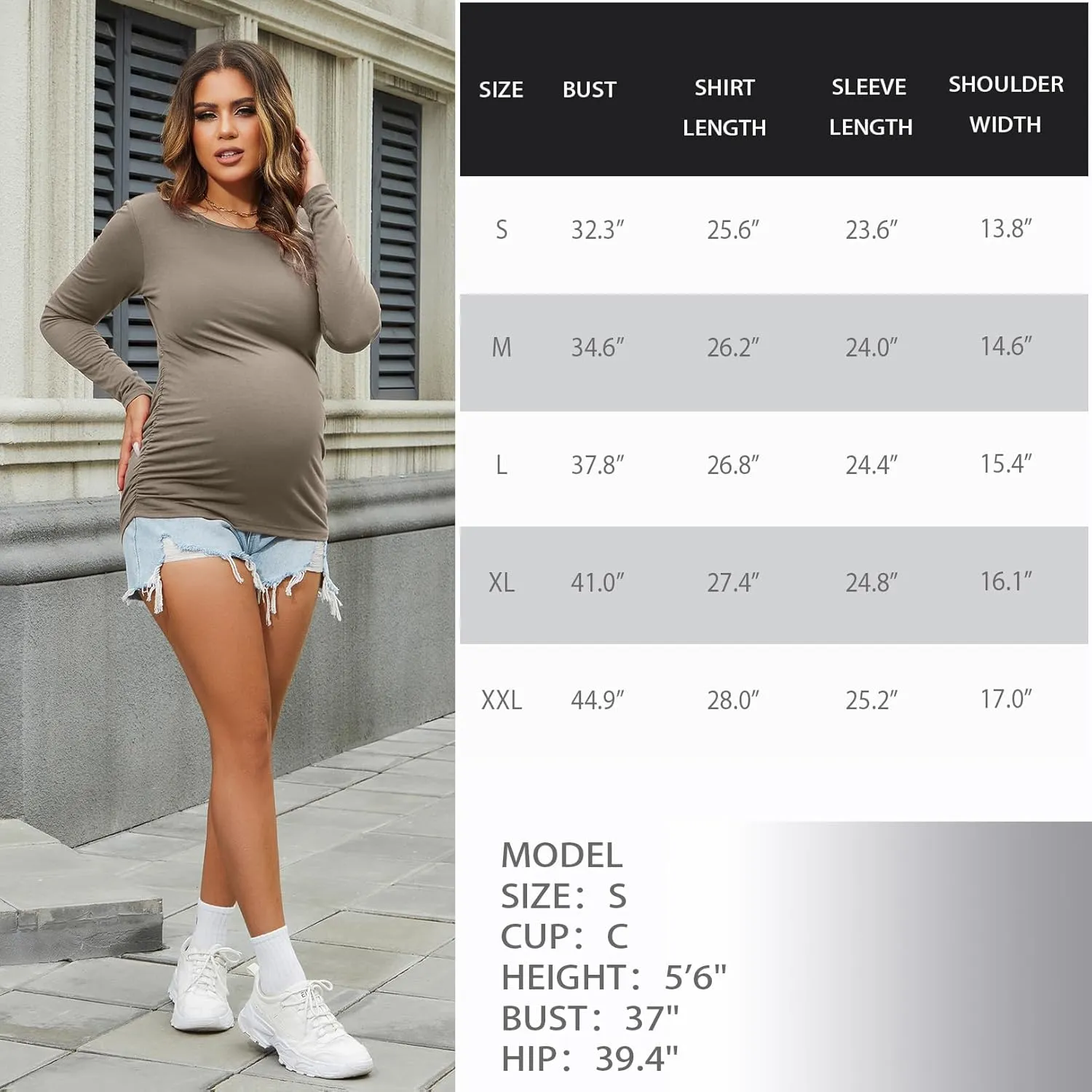 Maternity Shirt Long Sleeve Basic Top Ruch Sides Bodycon Tshirt for Pregnant Women