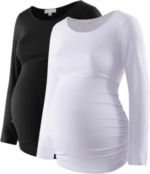 Maternity Shirt Long Sleeve Basic Top Ruch Sides Bodycon Tshirt for Pregnant Women