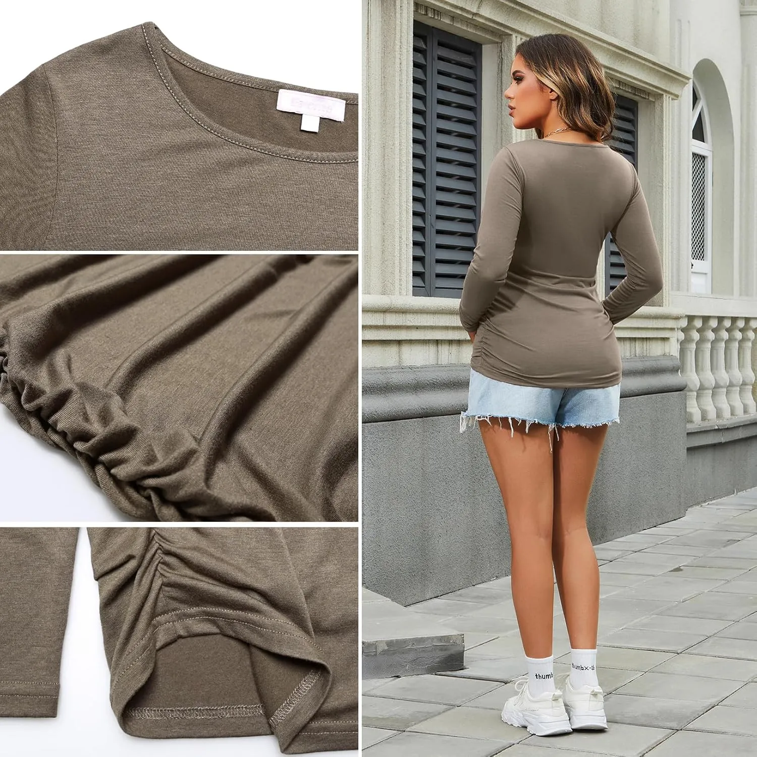 Maternity Shirt Long Sleeve Basic Top Ruch Sides Bodycon Tshirt for Pregnant Women