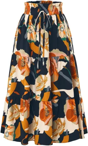 Maxi Skirts for Women 2025 Floral Boho Comfy Tiered Elastic High Waisted Vacation A-Line Flowy Swing Long Skirt