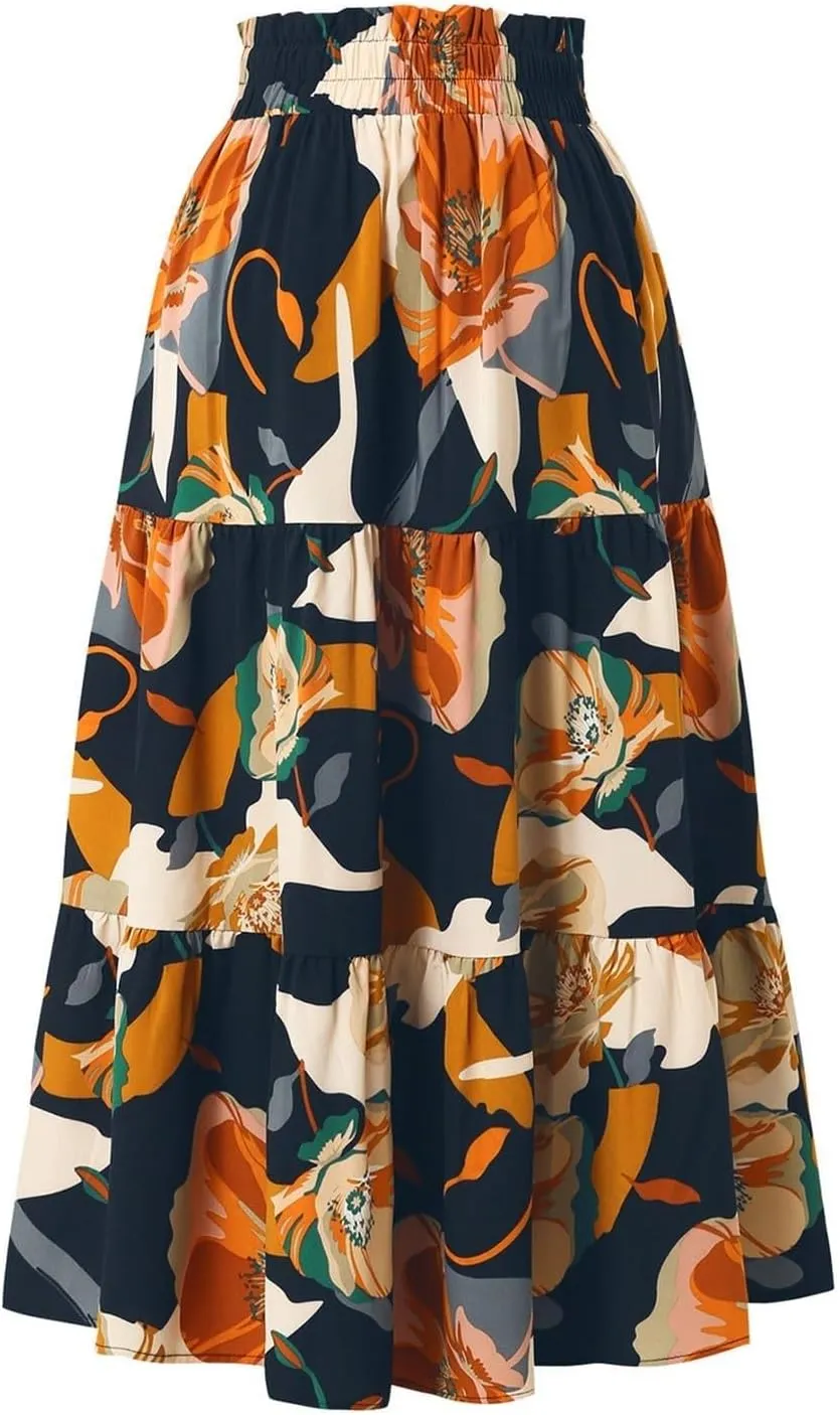 Maxi Skirts for Women 2025 Floral Boho Comfy Tiered Elastic High Waisted Vacation A-Line Flowy Swing Long Skirt