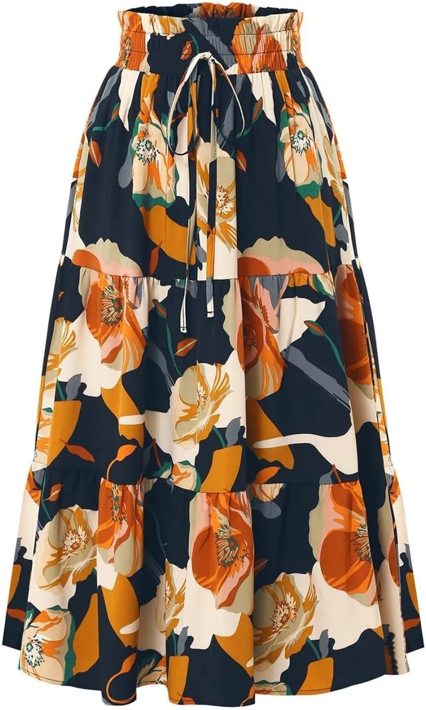 Maxi Skirts for Women 2025 Floral Boho Comfy Tiered Elastic High Waisted Vacation A-Line Flowy Swing Long Skirt