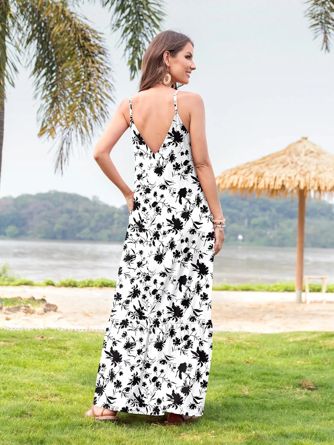 Naggoo Women's Summer Maxi Dress Casual V Neck Spaghetti Strap Beach Dress Flowy Swing Long Sundress with Pockets