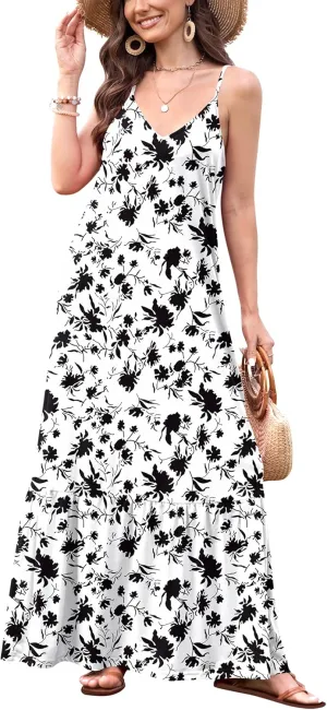 Naggoo Women's Summer Maxi Dress Casual V Neck Spaghetti Strap Beach Dress Flowy Swing Long Sundress with Pockets