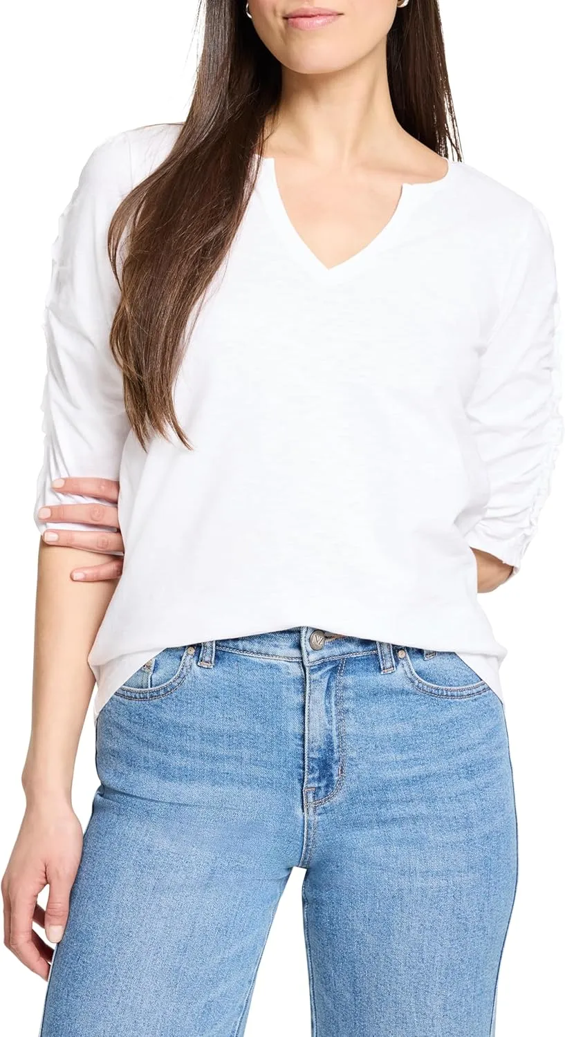 NIC ZOE Women's Ruched Elbow Sleeve Split Neck Tee