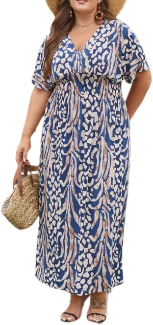 OSTOO Women's Plus Size Hawaii Empire Waist Bat Short Sleeve Casual Floral Print Boho Maxi Dress