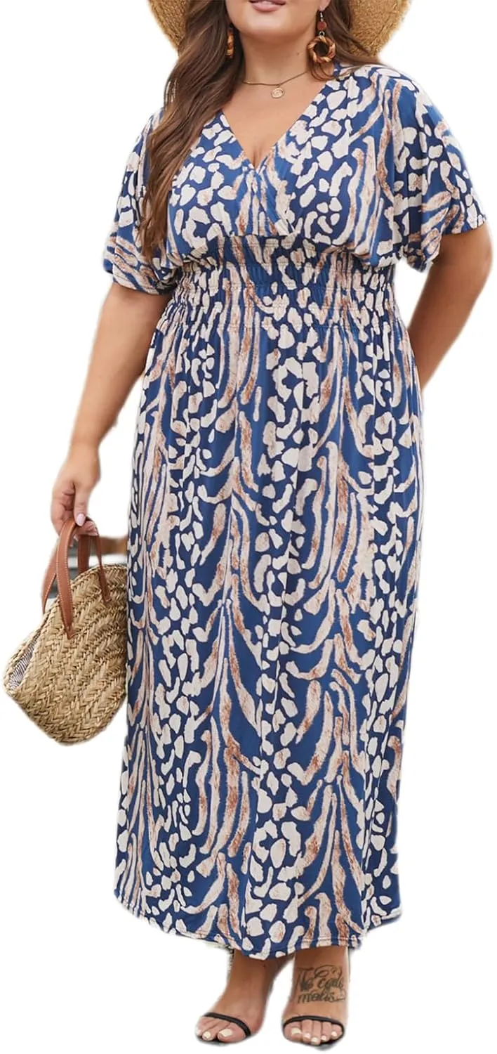 OSTOO Women's Plus Size Hawaii Empire Waist Bat Short Sleeve Casual Floral Print Boho Maxi Dress