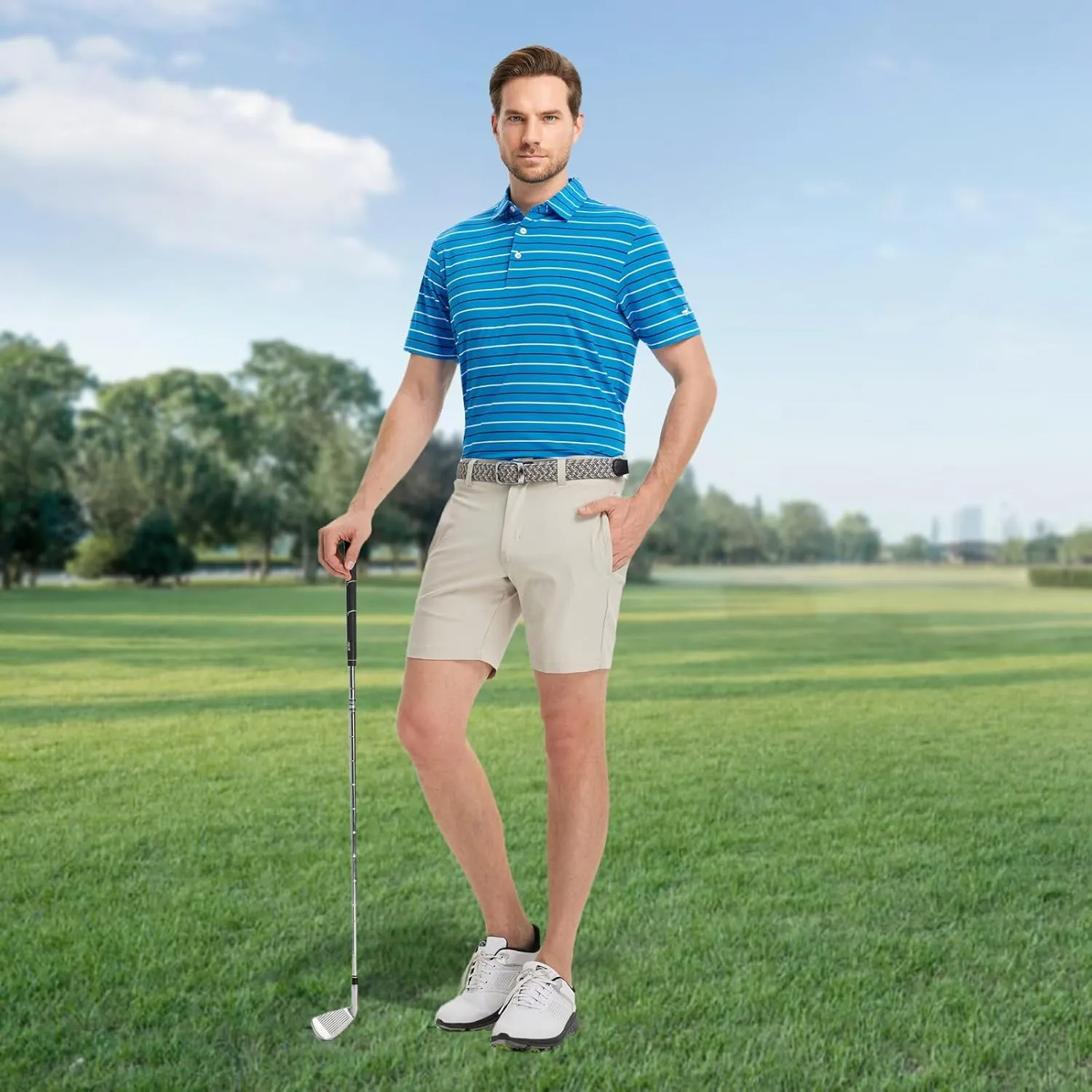 Rouen Mens Golf Shirt Moisture Wicking Dry Fit Performance Stripe Casual Collared Short Sleeve Golf Polo Shirts for Men
