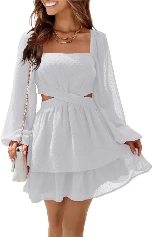 Shy Velvet Women's Long Sleeve Summer Dress Square Neck Crossover Waist Casual Party Mini Dress