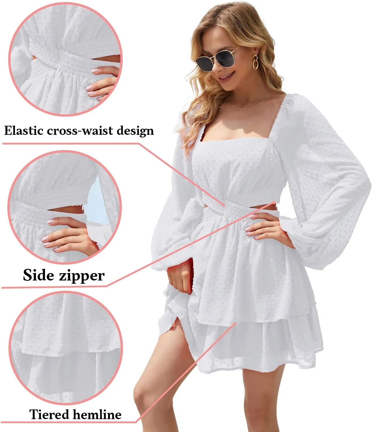 Shy Velvet Women's Long Sleeve Summer Dress Square Neck Crossover Waist Casual Party Mini Dress