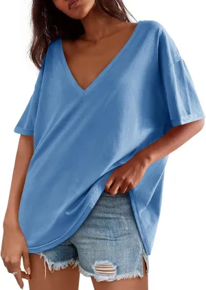 Tankaneo Womens Oversized Tshirts V Neck Short Sleeve Tops Summer Casual Loose Fit Tunic Tee Shirts
