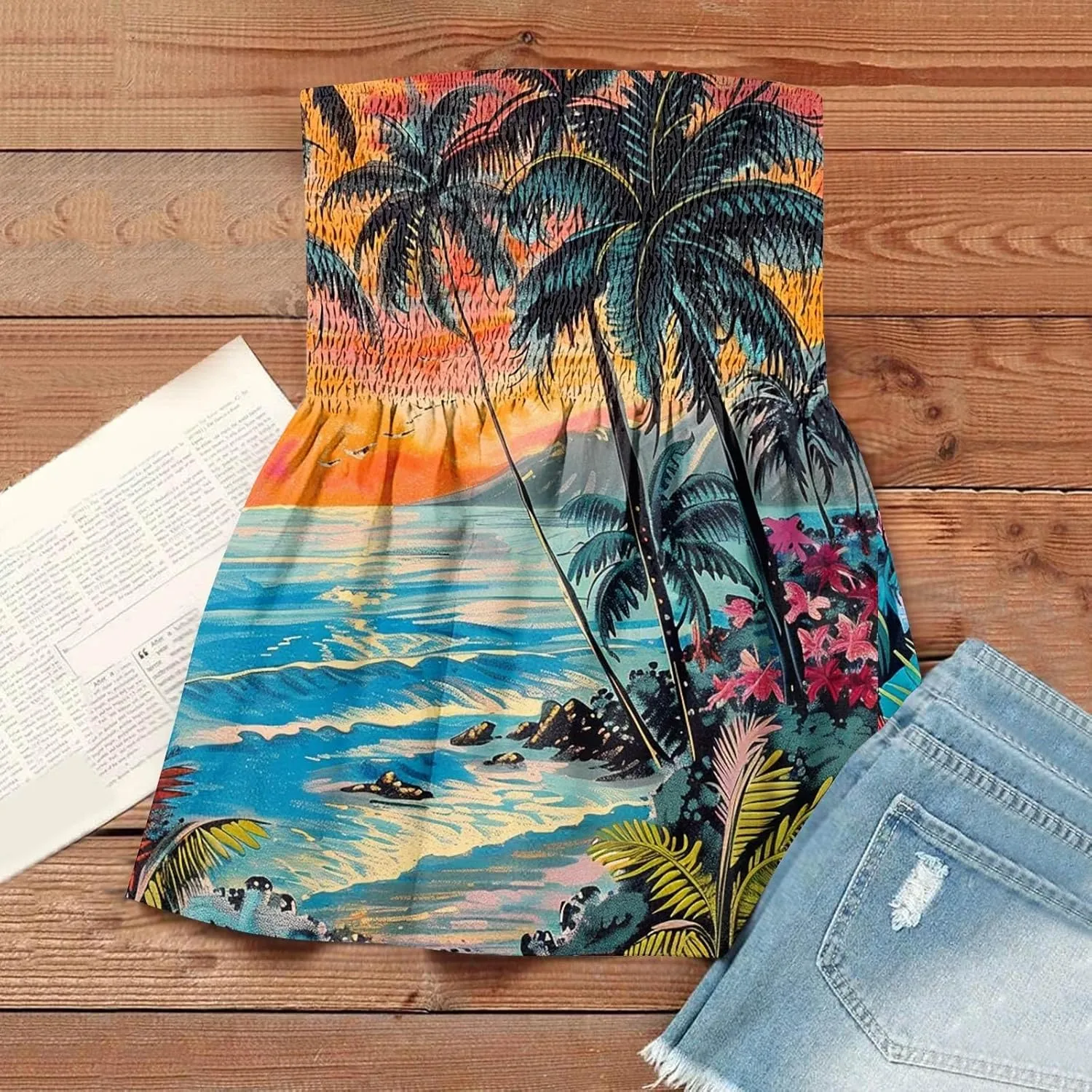 Tube Tops for Women Smocked Strapless Bandeau Tank Tops Sleeveless Hawaiian Print Bandeau Tunics Backless Shirt