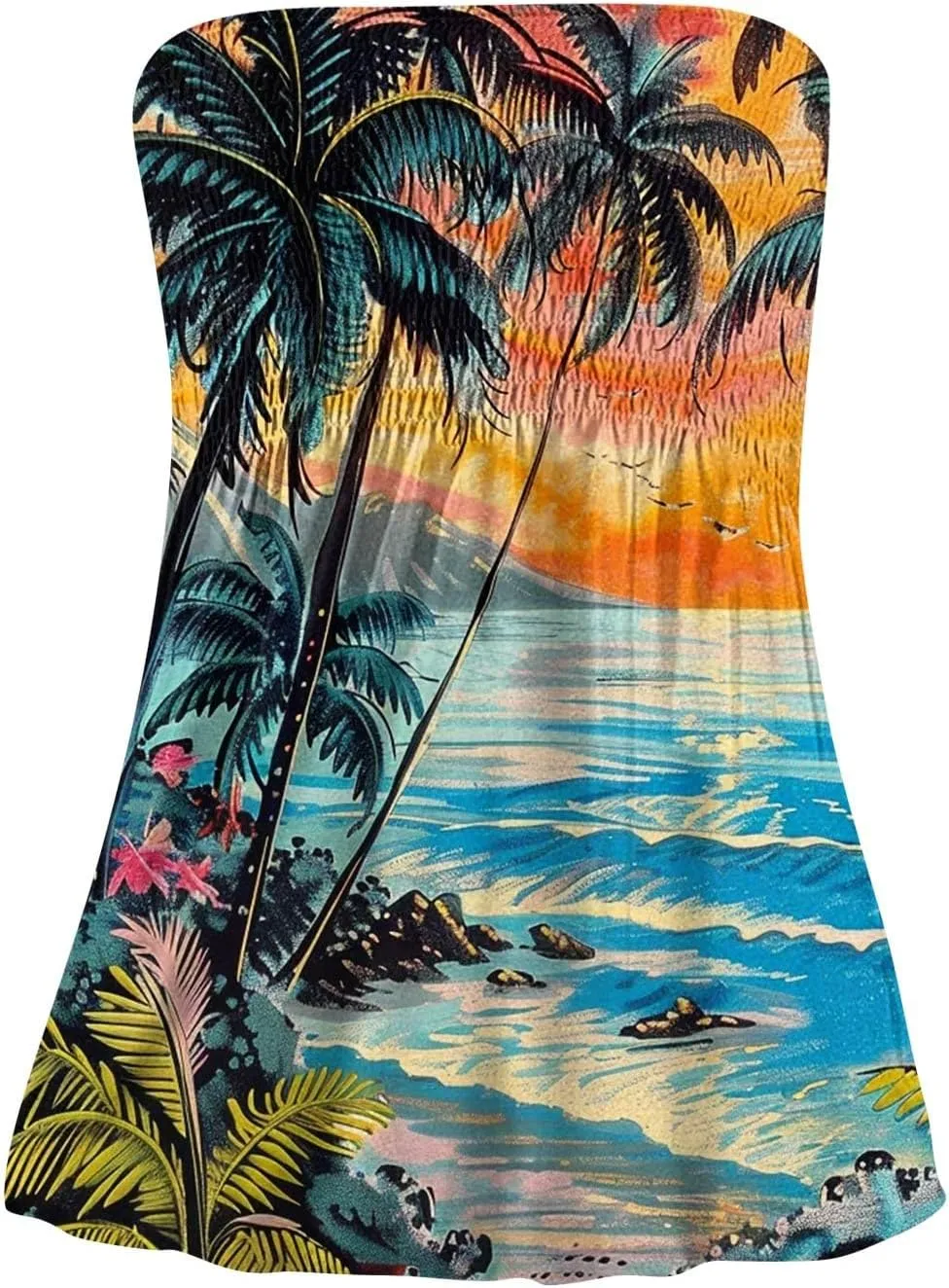 Tube Tops for Women Smocked Strapless Bandeau Tank Tops Sleeveless Hawaiian Print Bandeau Tunics Backless Shirt