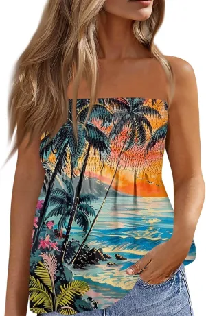 Tube Tops for Women Smocked Strapless Bandeau Tank Tops Sleeveless Hawaiian Print Bandeau Tunics Backless Shirt