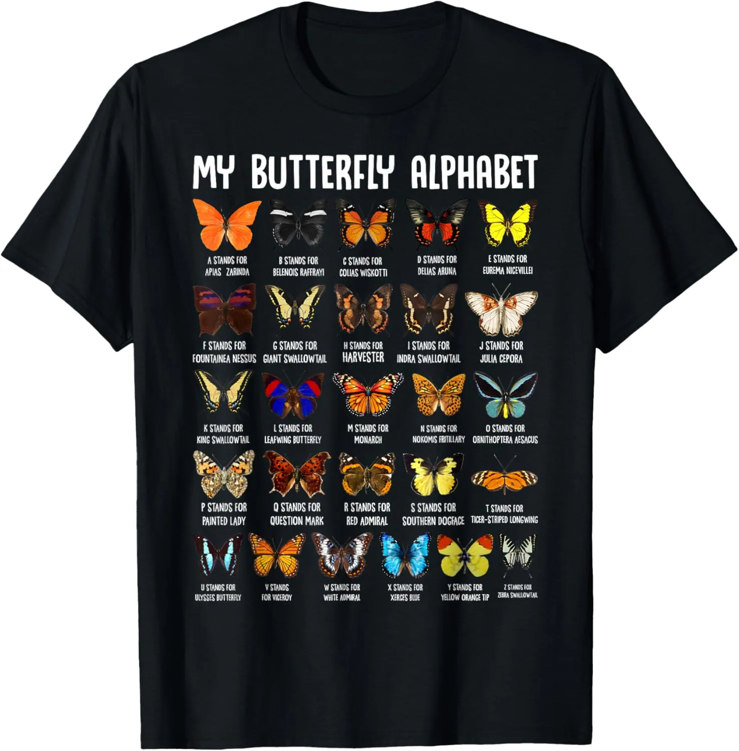 Types Of Butterflies Alphabet ABC Entomologist Insect Lover T-Shirt