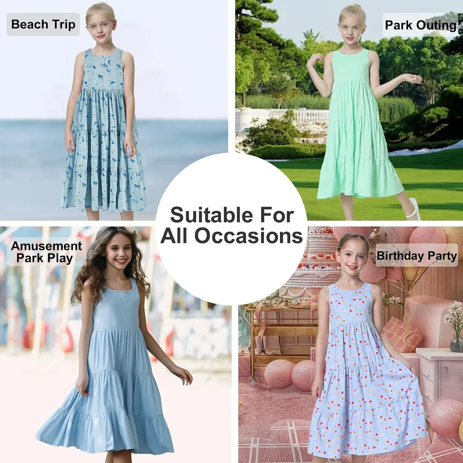 UNACOO Kids Girls 100% Cotton 1 or 2 Packs Sleeveless Long Maxi Tiered Dress (Age 3-12 Years)