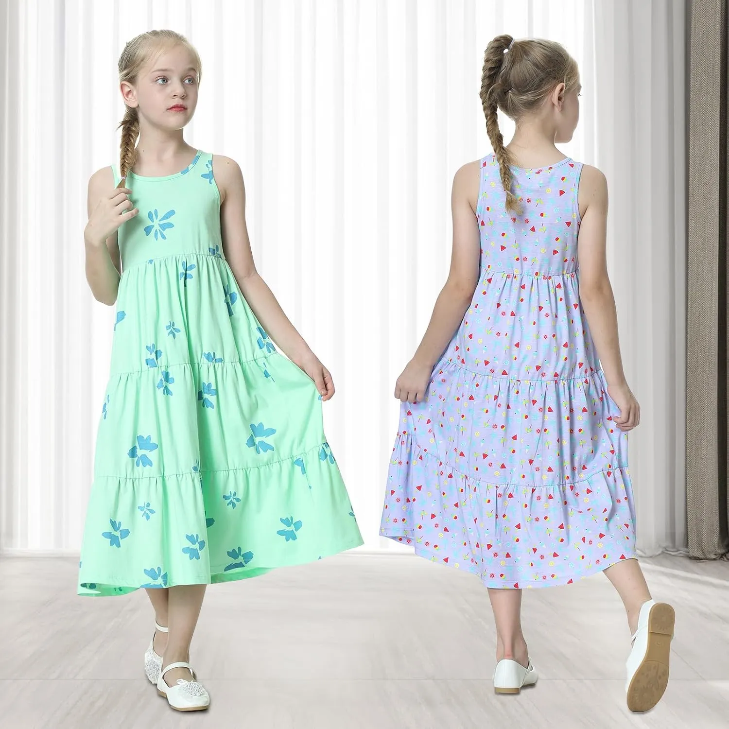 UNACOO Kids Girls 100% Cotton 1 or 2 Packs Sleeveless Long Maxi Tiered Dress (Age 3-12 Years)