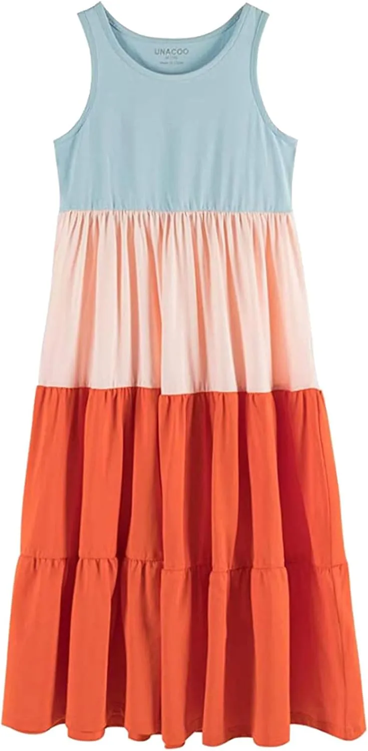 UNACOO Kids Girls 100% Cotton 1 or 2 Packs Sleeveless Long Maxi Tiered Dress (Age 3-12 Years)
