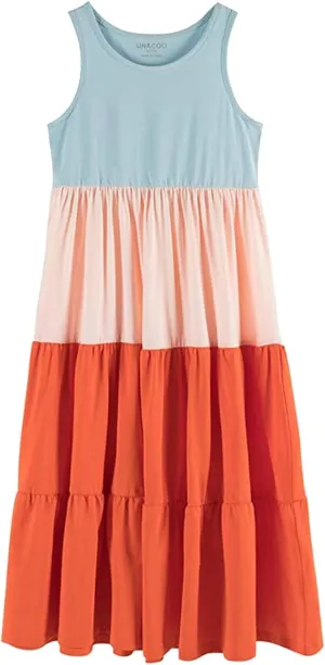 UNACOO Kids Girls 100% Cotton 1 or 2 Packs Sleeveless Long Maxi Tiered Dress (Age 3-12 Years)