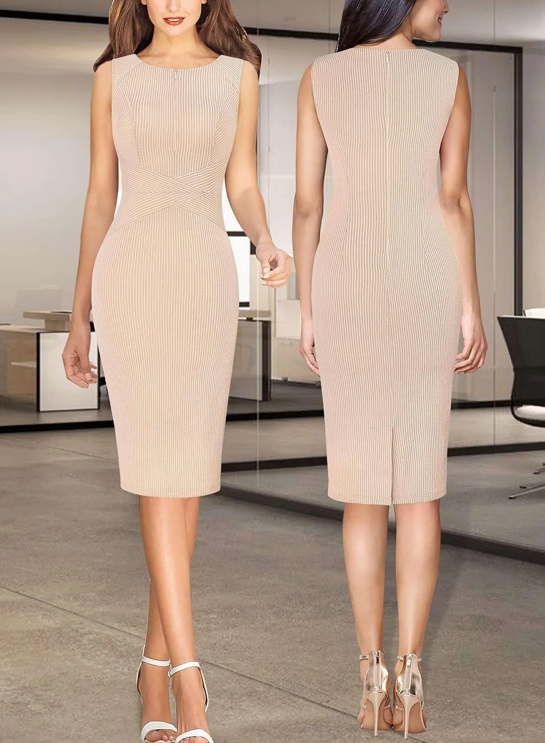 VFSHOW Womens Elegant Slim Front Zipper up Work Business Office Party Sheath Dress