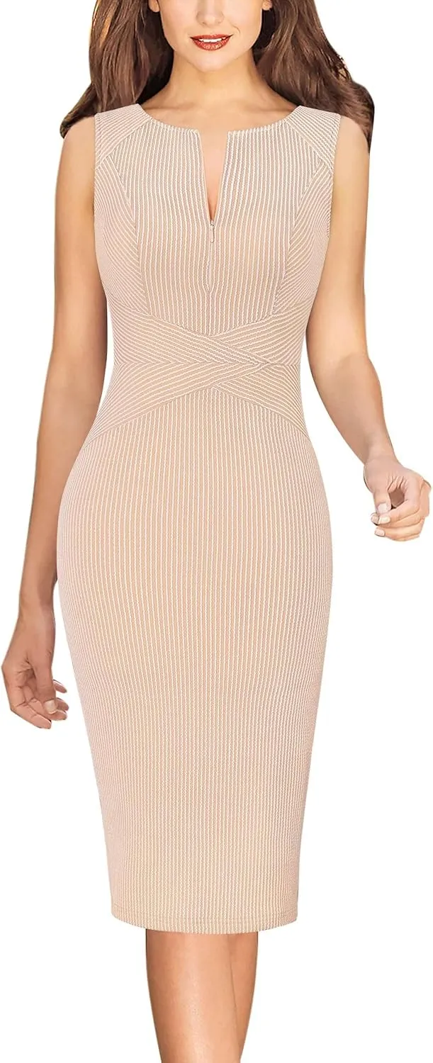 VFSHOW Womens Elegant Slim Front Zipper up Work Business Office Party Sheath Dress
