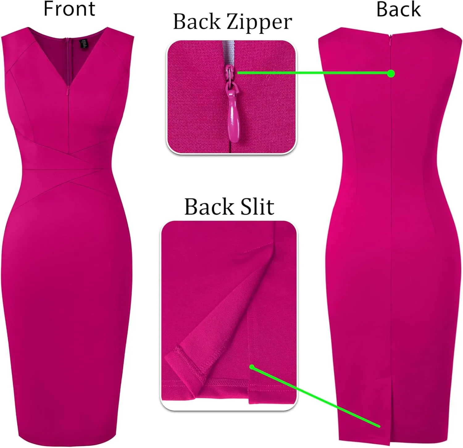VFSHOW Womens Elegant V Neck Front Zipper Up Slim Fitted Work Business Office Bodycon Pencil Sheath Dress