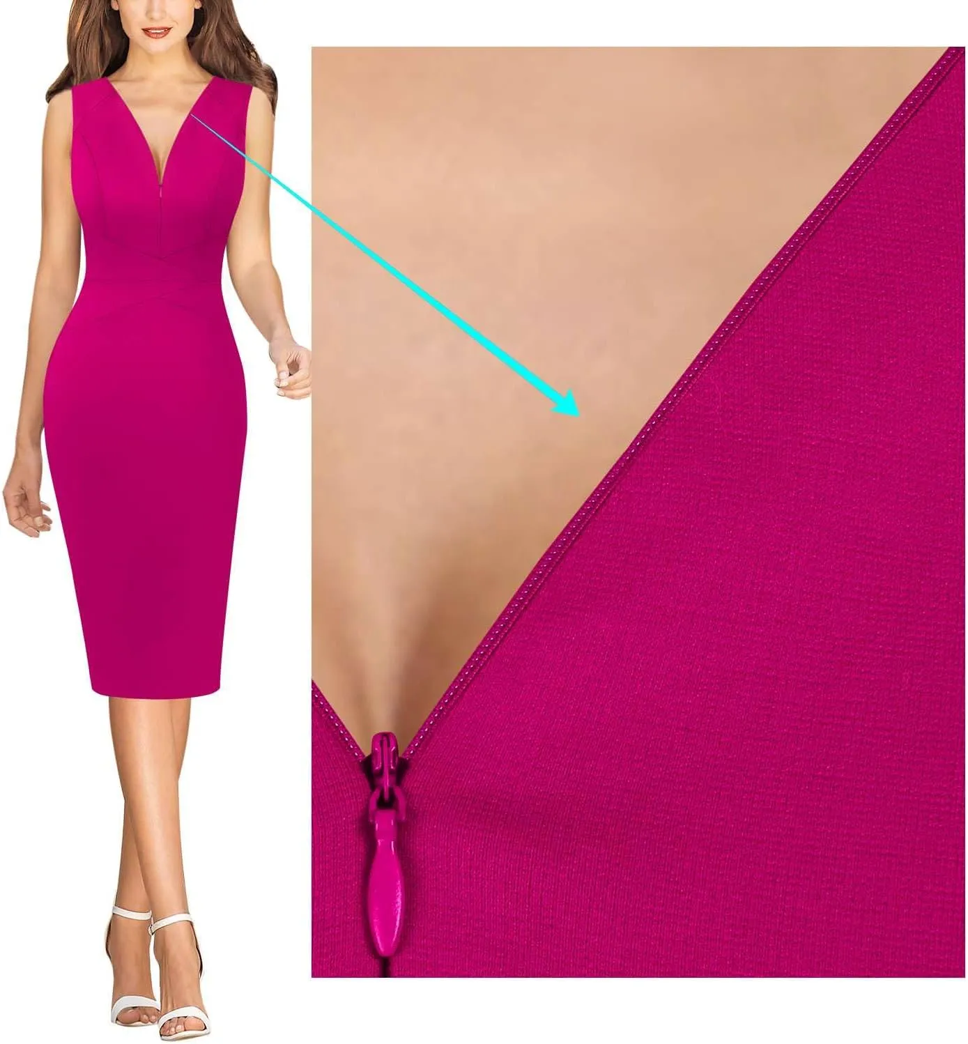 VFSHOW Womens Elegant V Neck Front Zipper Up Slim Fitted Work Business Office Bodycon Pencil Sheath Dress