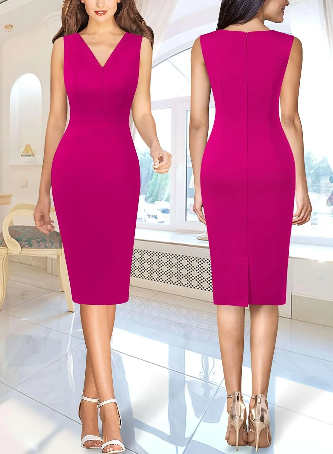 VFSHOW Womens Elegant V Neck Front Zipper Up Slim Fitted Work Business Office Bodycon Pencil Sheath Dress