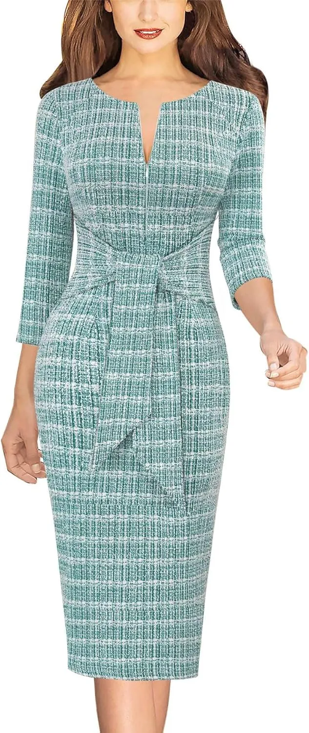 VFSHOW Womens Front Zipper Tie Waist Bow Slim Work Business Office Party Bodycon Pencil Sheath Dress