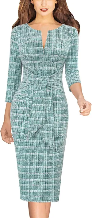 VFSHOW Womens Front Zipper Tie Waist Bow Slim Work Business Office Party Bodycon Pencil Sheath Dress
