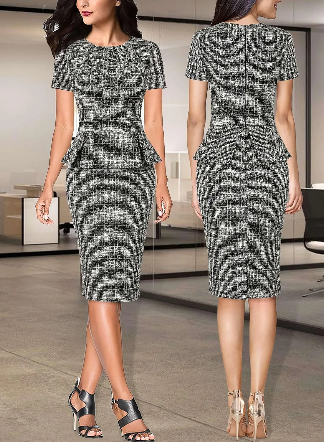 VFSHOW Womens Pleated Crew Neck Peplum Work Business Office Church Bodycon Pencil Sheath Dress