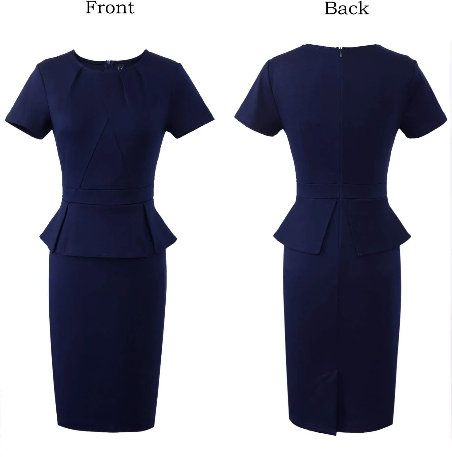 VFSHOW Womens Pleated Crew Neck Peplum Work Business Office Church Bodycon Pencil Sheath Dress