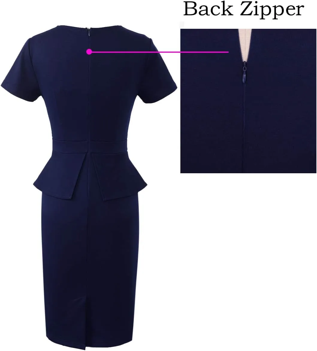 VFSHOW Womens Pleated Crew Neck Peplum Work Business Office Church Bodycon Pencil Sheath Dress
