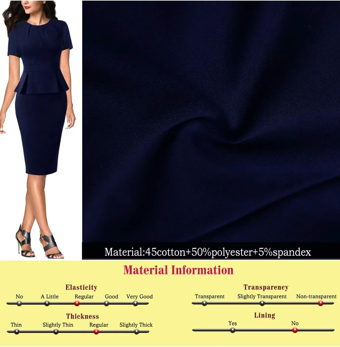VFSHOW Womens Pleated Crew Neck Peplum Work Business Office Church Bodycon Pencil Sheath Dress